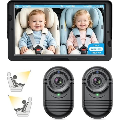 2-Kids Wireless Baby Car Camera: 1080P HD 7” Screen Dual Rear Seat Monitor