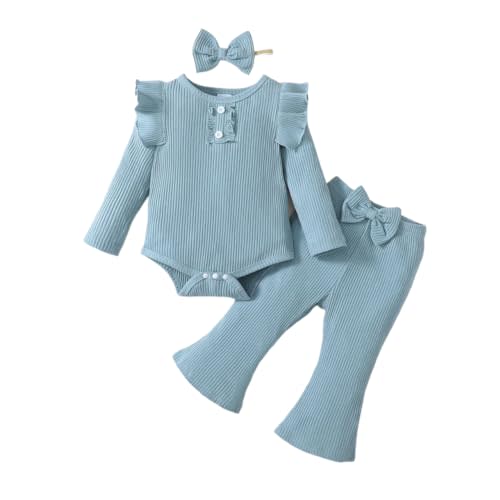 YWFSHOP Infant Baby Girls Outfit Cute Ruffle Sleeve Ribbed Knit Romper Bodysuit and Flare Pants Clothes Set 3 Piece