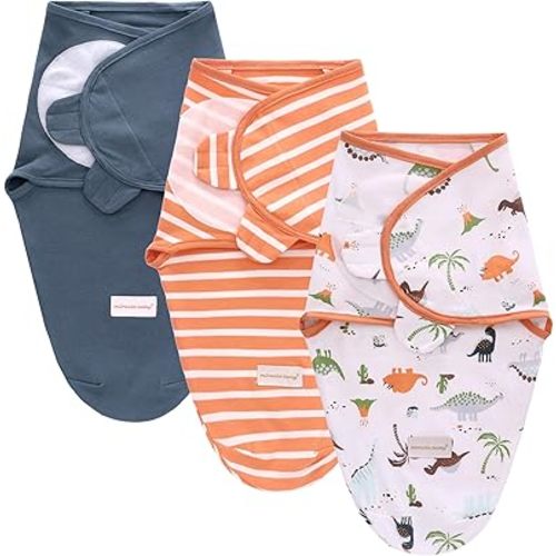 Miracle Baby 3-Pack Baby Swaddle Sleep Sacks 100% Cotton Newborn Baby Swaddles 0-6 Months Baby Swaddle Blanket Wrap (Dinosaur + Orange Stripe + Green, 3-6 Months)