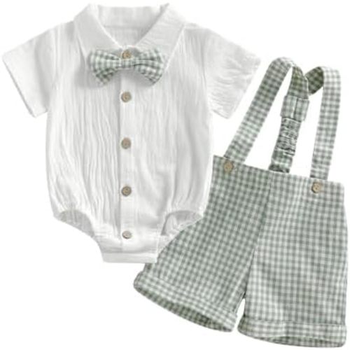 Newborn Baby Boy Gentleman Outfit Summer Short Sleeve Button Up Bowtie Dress Shirt Romper Plaid Suspender Shorts Set