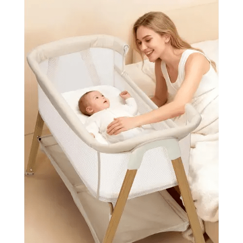 Baby Bassinet, Bedside Bassinet for Baby, Bassinet Bedside Sleeper with Mattress, Storage Basket and 4 Auto-Lock Wheels, Full-Mesh Sides, Bedside Mini Crib for Newborn (Beige)
