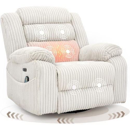 Power Swivel Rocker Recliner Chair for Adults with Massage and Heat, USB and Type-C Charging Port, Infinite Position, Electric Glider Rocking Chairs for Living Room, Nursery, Pale Grey