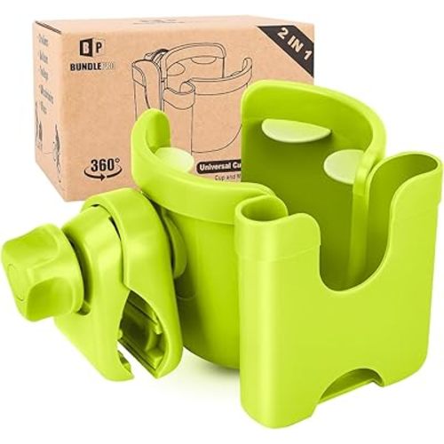 Universal Stroller Cup Holder with Mobile Phone Case, 2-in-1 Strollers Storage Rack, 360 Degrees Rotation Drink Holder for Bike, Pushchair, Wheelchair, Walker,Bicycle, Fits Most Cups (Green)