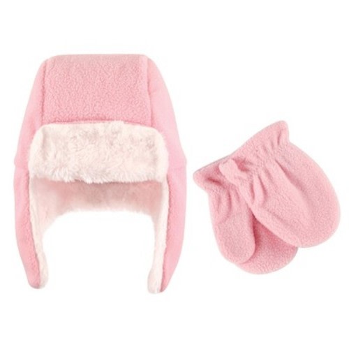 Hudson Baby Infant Girl Fleece Trapper Hat and Mitten 2pc Set, Light Pink, 0-6 Months