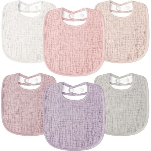 Muslin Baby Drool Bibs 6Pack Soft Square Adjustable Baby Bandana Bibs for Unisex Girls & Boys - Pink