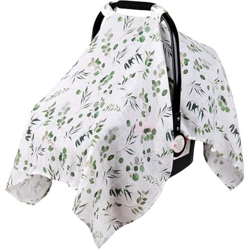 Rquite Car Seat Cover Baby, Carseat Covers Baby for Girl Boy, Muslin Cotton Infant Car Seat Cover, Lightweight Car Seat Canopy, Breathable Baby Carrier Cover, Summer Stroller Sun Shade, Leaf