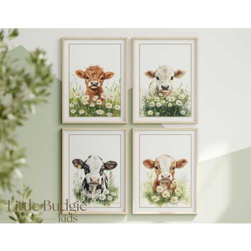 Farmhouse Cow Nursery Decor Prints, Set of 4, Farm Animal Wall Art for Baby Room, Playroom, Toddler Bedroom, Gender Neutral