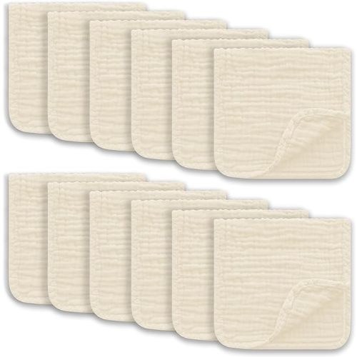 Muslin Burp Cloths Large 100% Cotton Hand Washcloths for Boys & Girls, Baby Essentials Extra Absorbent and Soft Burping Rags for Newborn Registry (Ivory, 12-Pack, 20" X10") - 10x20 Inch (Pack of 12)