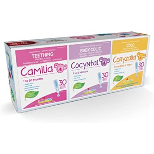 Boiron Baby Box. This gift set contains one box of Camilia 30 doses, one box of Cocyntal 30 doses and one box of Coryzalia 30 doses.