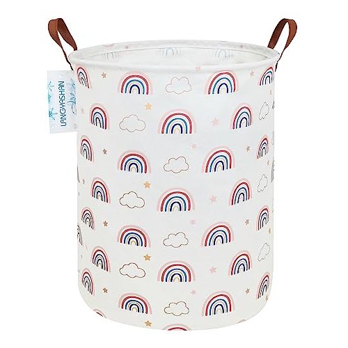 LANGYASHAN Laundry Basket Canvas Fabric Collapsible Organizer Basket for Storage Bin Toy Bins Gift Baskets Bedroom Clothes Children Nursery Hamper (Round Cloud Rainbow)