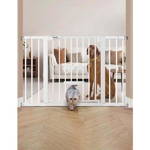 BABELIO 29.5-48" Extra Wide Baby Gate with Cat Door,Auto Close Pet Door for Stairs,Doorways,House,Metal,Pressure/Hardware Mounted,White