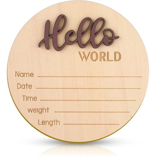 Baby Announcement Sign, 5.9 Inch Wooden Hello World Newborn Welcome Sign Birth Baby Name Plaques for Photo Props Baby Shower Hospital Nursery(Brown)
