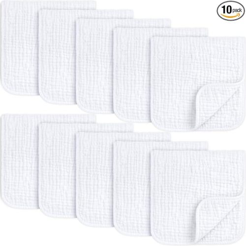 KeaBabies Organic Muslin Burp Cloths Baby Boy, Girl – 10-Pack 100% Cotton Muslin Burping Cloths for Babies, Newborn, 21x10 Large & Absorbent Spit Up Rags, Baby Washcloth, Infant Towels (Soft White)