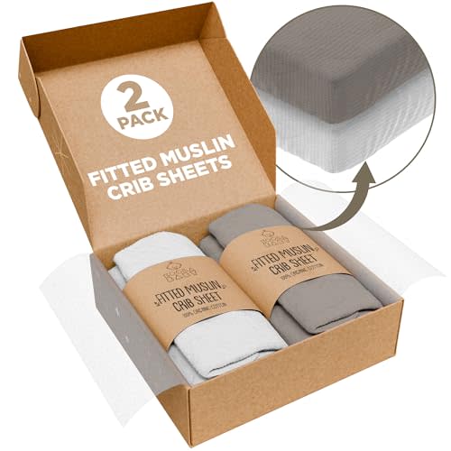 Crib Sheets 100% Organic Muslin Cotton Sheets for Boys & Girls, Fitted Sheets for Standard Crib & Toddler Mattress - Super Soft & Breathable for Cozy Comfort | White + Grey - 52"x28" (2 Pack)