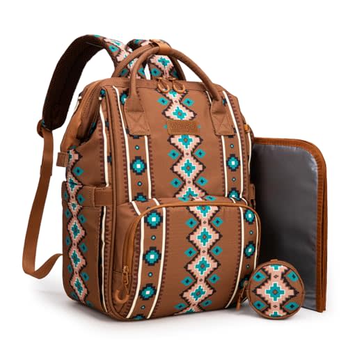 Montana West Wrangler Diaper Bag Backpack Aztec Travel Backpack Purses Western Multi-Function Baby Bags for Mom with Waterproof Insulated Pockets