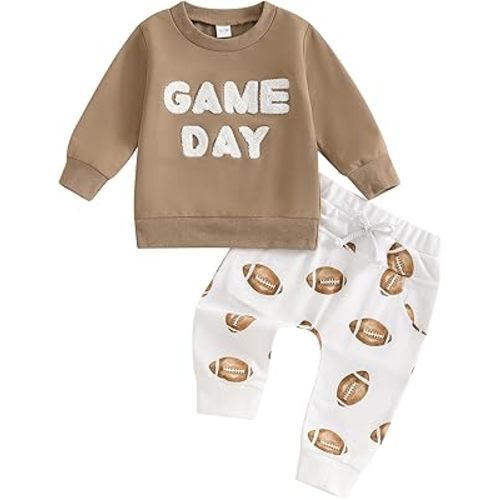 Lamuusaa Toddler Baby Boy Football Outfit Game Day Embroidery Sweatshirt Football Long Pants Fall Clothes 6M-4T