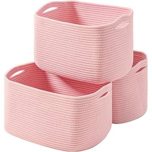 Storage Baskets for Organizing, Storage Baskets for Shelves, Pink Basket for Nursery, Woven Cotton Rope Baskets for Storage, Towel Basket for Bathroom, 15"x11"x9.5", 3 Packs, Light Pink