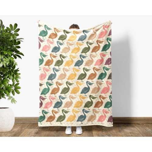 Pelican Gift Blanket, Retro Bird Lover Throw, Coastal Wildlife Fleece Blanket, Cozy Pelican Graphic Blanket, Unique Animal Gift
