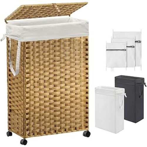 70L Slim Laundry Hamper with Lid & Wheels, Rolling Laundry Basket with 2 Removable Liner Bags & 3 Mesh Bags, Narrow Dirty Clothes Basket, Foldable Handwoven Rattan Laundry Sorter, Natural