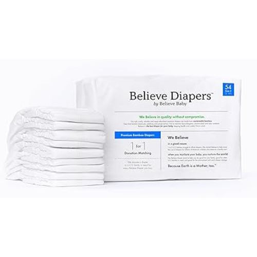 Believe Baby Bamboo Baby Diapers Size 2 - Premium, Super-Absorbent, Hypoallergenic for Sensitive Skin, Chemical-Free, Unscented, Eco-Friendly Diaper for Babies 12-18 Lbs - 54 Ct