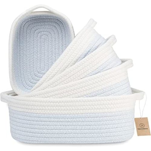 NaturalCozy 5-Piece Rectangle Storage Basket Set- Natural Cotton Rope Woven Baskets for Organizing! Small Basket for Montessori, Baby Nursery, Dog Toy Baskets, Cat Toy Box, Bathroom Organization Bin