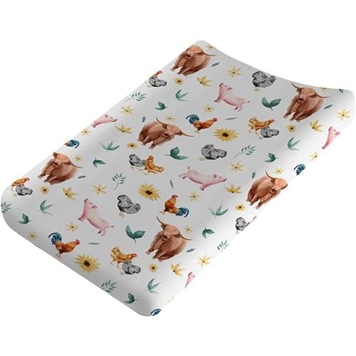 Farm Animals Changing Pad Cover Yak Pigs Rooster Hens Sunflowers Diaper Change Table Sheets for Boys Girls Soft Stretchy Snug Fitted Diaper Changing Table Mats Cover 32''x16''