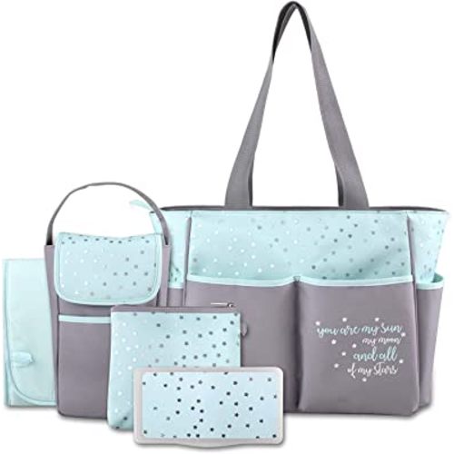 Baby Essentials Diaper Bag Tote 5 Piece Set with Sun, Moon, and Stars, Wipes Pocket, Dirty Diaper Pouch, Changing Pad (Grey/Aqua)