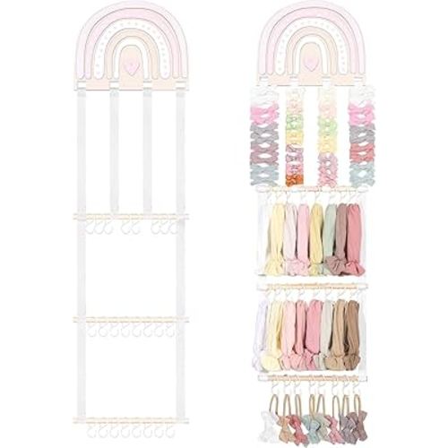 POVETIRE Headband Holder Bow Holder for Girls Hair Bows,Rainbow Hair Accessories Organizer Storage Wall Hanging Display for Nursery Toddler Girls Room (Pink-Rainbow-2)