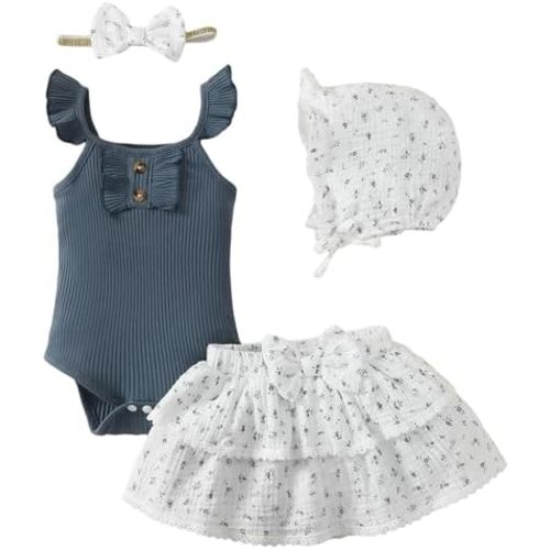SUNNY PIGGY Baby Girl Outfit Newborn Clothes Short Set Infant Girl's Summer Cute Rufffle Sleeveless Romper 4PCS