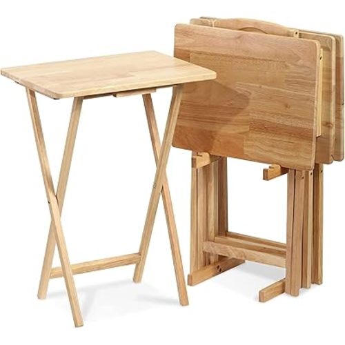 PJ Wood 5 Piece Set, 4 Folding Wooden TV Tray Snack Tables with Storage Rack, Natural