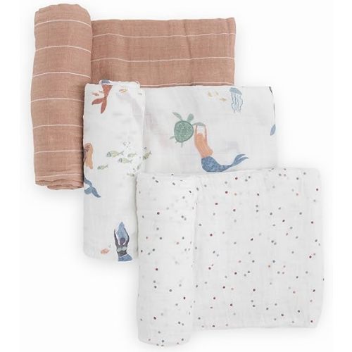 Little Unicorn Premium Muslin Swaddle Blanket 3 Pack | for swaddling, Play, Nursing & More | Giftable Set of 3 (Mermaids)