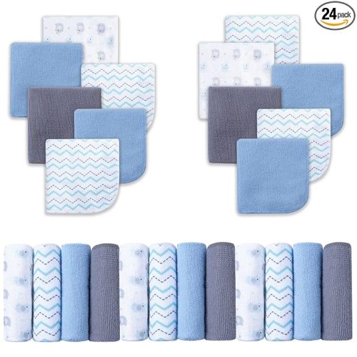 Viviland Baby Washcloths, 24Pack Baby Wash Cloths for Newborn, Baby Towels and Infant Bath Face Washcloths for Boys Girls Super Soft Absorbent, Gentle on Sensitive Skin Body, 9x9 Blue Elephant