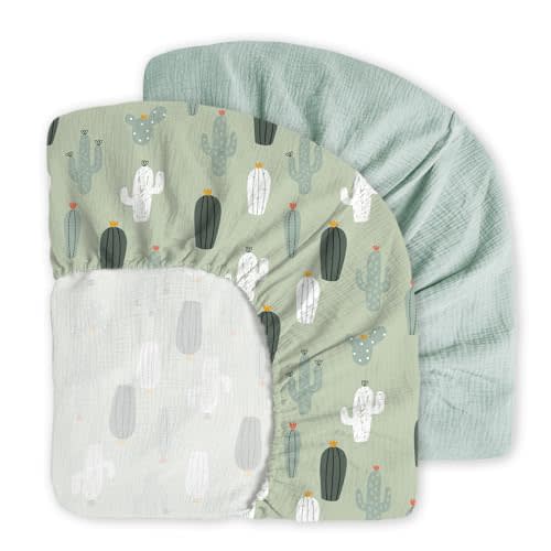 Little Grape Land Muslin Crib Sheets Fitted for Boys and Girls 2 Pack, 100% Cotton Baby Bed Sheets Soft Breathable, Neutral Fitted Baby Mattress Sheets for Standard Crib 52x28 inches, Cactus