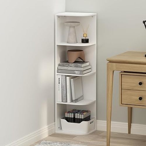 Furinno Reed Corner Shelf, 4-Tier Corner Bookshelf, Book Shelf, Corner Shelves, Storage Rack, for Organization and Storage, Home Office, Living Room, White