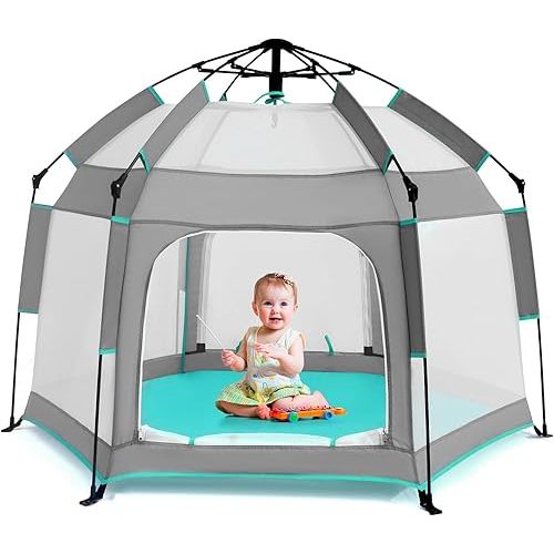 Baby Playpen with Canopy, Portable Baby Beach Tent, Toddler Play Yard Indoor and Outdoor, Foldable Mosquito Net for Infant - Grey