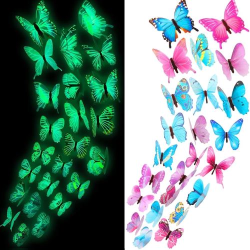 48 Pieces Glow in The Dark Butterflies for Ceiling 3D Butterfly Decal Sticker Wall Decor DIY Adhesive for Room Nursery Living Room Luminous Realistic Home Garden(Purple and Blue)