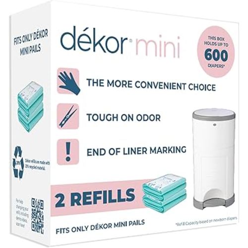 Diaper Dekor Mini Diaper Pail Refills | 2 Count | Most Economical Refill System | Quick & Easy to Replace | No Preset Bag Size Use Only What You Need | Exclusive End-of-Liner Marking