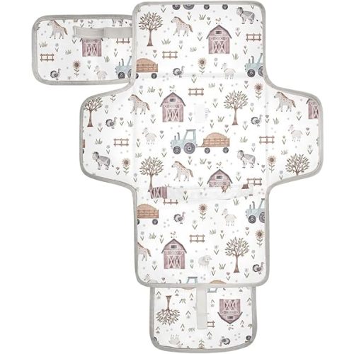 Portable Changing Pad for Baby - Cute Farm Animals Waterproof Diaper Changing Mat Travel Changing Pad with Built-in Pillow - Shower Gift for Baby