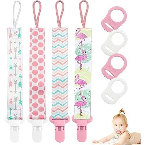 4 Pcs Baby Dummy Strap Clip, Pacifier Clip Dummy Holder Straps with 4 Silicone Adapter, Soother Chains Clips Fit All, Soothers, Teething Toys, Baby Essentials