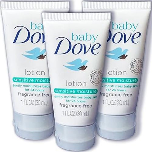 Baby Dove Sensitive Moisture Baby Lotion, 3 Pk Hypoallergenic Fragrance-Free for Sensitive Skin, Moisturizing Unscented Baby Lotion, Safe 4 Newborns Travel Size 1oz Ea