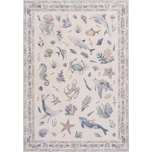 Soft Marine Animals Washable Faux Wool Stain Resistant Rug Rubber Non-Slip Backing for Playroom Bathroom Living Room Bedroom Bedside Beachy Cute Coastal Nautical Nursery Rug (Pink Multi, 5' x 7')
