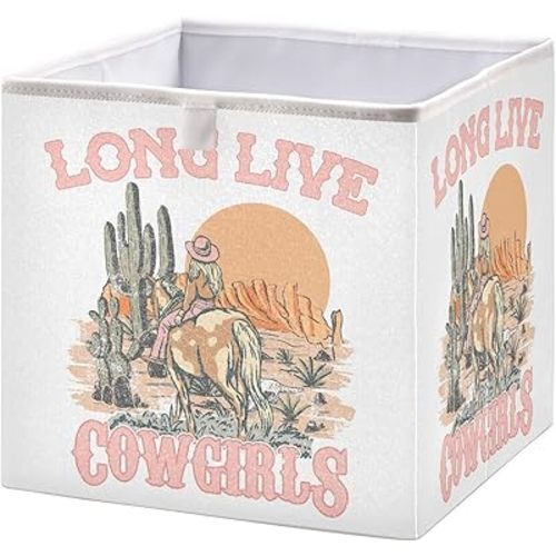 QUGRL Cowgirl Ride Horse Cube Storage Bins Organizer Western Desert Clothes Storage Basket Box for Shelves Closet Cabinet Office Dorm Bedroom 11x11 in