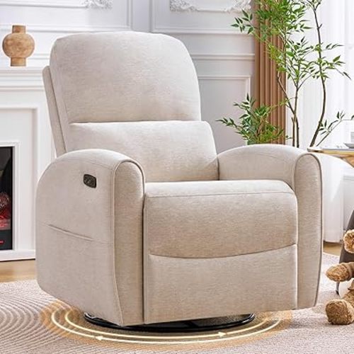 Power Swivel Rocker Recliner, Swivel Glider Nursery Recliner Chair with Lumbar Support, Upholstered Rocking Electric Recling Chairs for Adults Nursery, Living Room, Bedroom, Chenille Camel