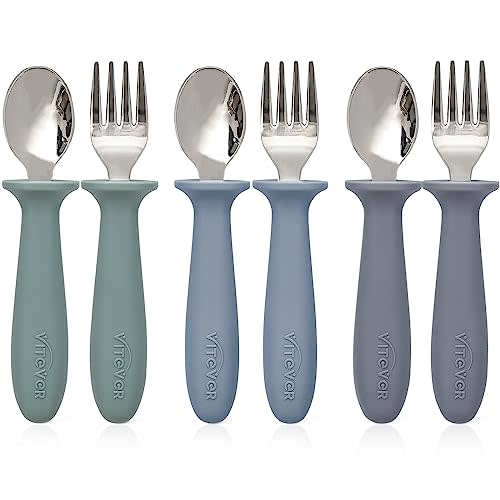 6 Pieces Toddler Utensils, Kids Safe Spoons and Forks, Children Silverware Set with Silicone Handle, 18/8 Stainless Steel, Food-grade Silicone,BPA Free - Dishwasher Safe