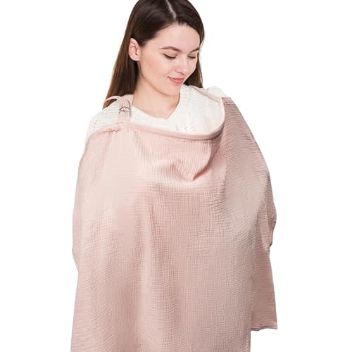 Zainpe Muslin Nursing Cotton Cover for Baby Breastfeeding Pink Breathable Adjustable Mom Privacy Nursing Apron Cover with Arch Neckline Multifunctional Stroller Cover Carseat Cover