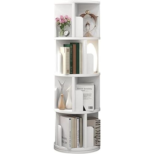 oneinmil 360° Rotating Bookshelf, Small Corner Bookcase with Small Footprint, 4 Tier Standing Bookcase for Kids&Adults, Wood Bookshelf Designed for Living Room, White