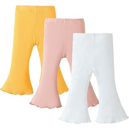 SOBOWO Baby Girl Flare Pants 3 Pack Toddler Solid Ribbed Ruffle Bell Bottoms Pants Trousers Fall Outfits