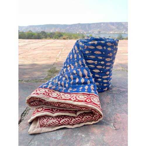 Blue Fish Print Baby Quilt, Bagru Collection Baby Quilt !! Indian Handmade New Born Baby Quilt Ethnic Toddler Size Blanket Throw Baby Quilt