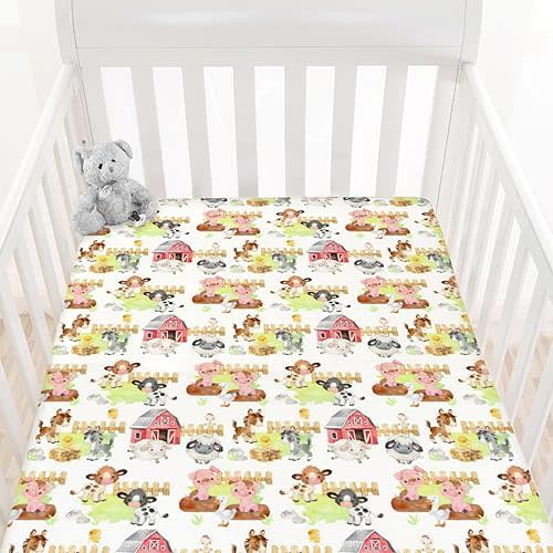 HawSkgFub Farm Animal Life Barn Fitted Standard Crib Sheet for Baby Boy Girl, Neutral Cow Horse Pig Sheep Toddler Mattress Cover, Soft Breathable Stretchy Nursery Bed Sheets Decor Kids Gift 52" x 28"