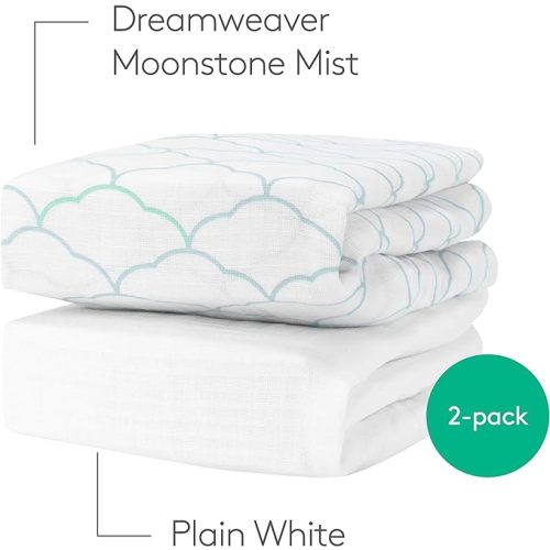 Newton Baby Organic Fitted Crib Sheets - 100% Breathable and Ultra-Soft, 100% Organic Muslin Cotton, Dreamweaver Print in Moonstone Mist + Solid White, Fits All Standard Cribs - Dreamweaver Moonstone Mist